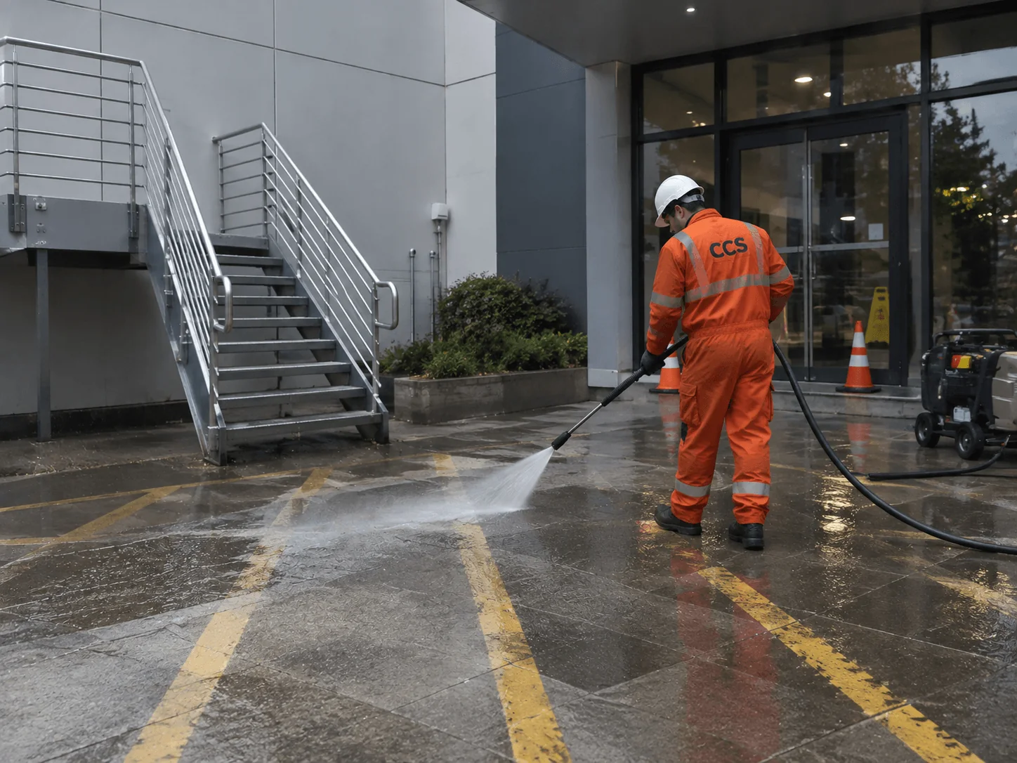 CCS operative jet washing outside a commercial building entrance