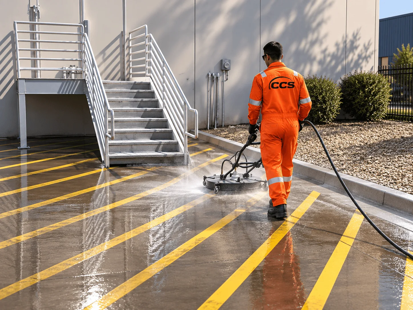 CCS operative pressure washing a marked commercial car park beside an external staircase