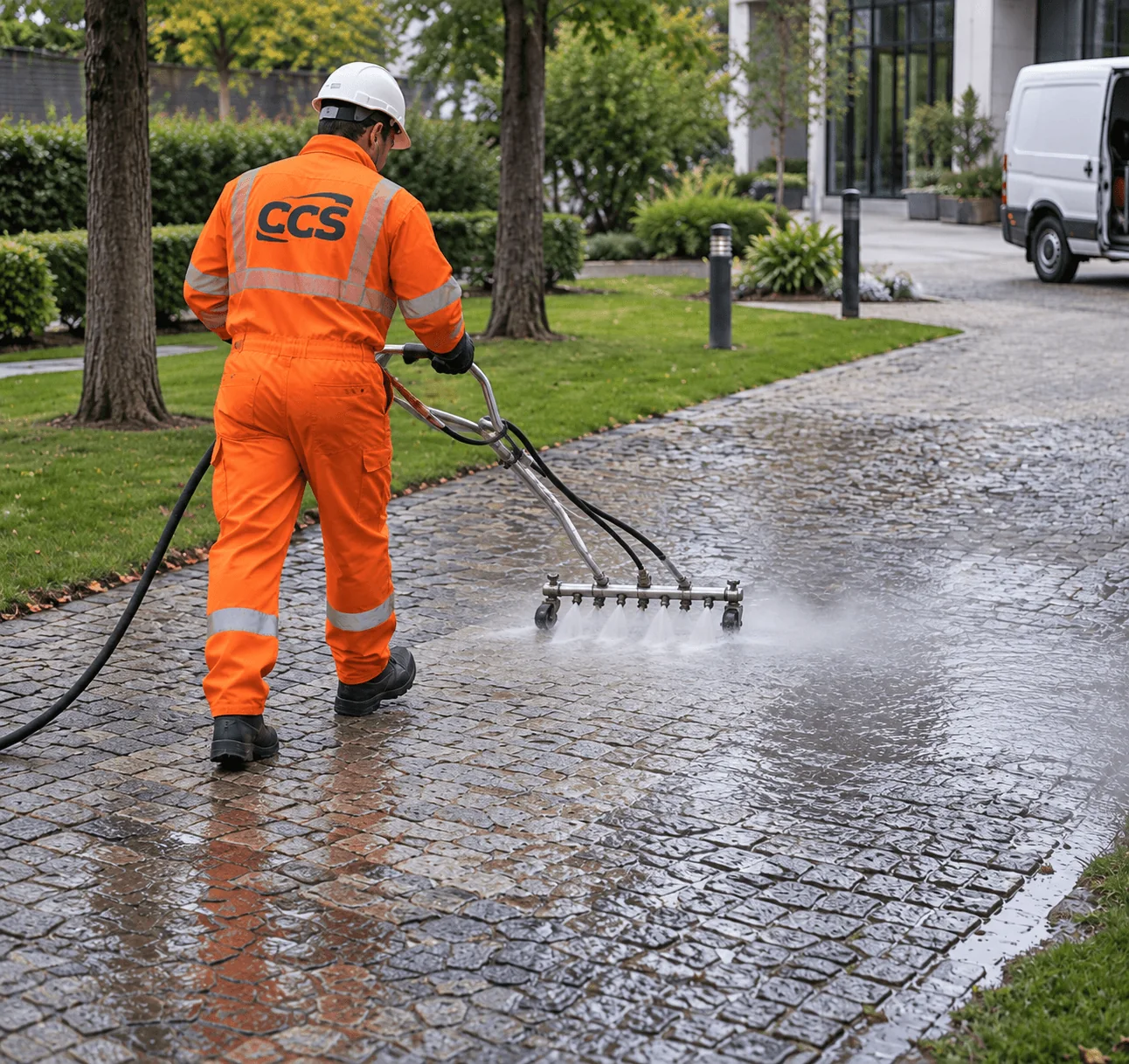 CCS operative surface cleaning a commercial paved access road