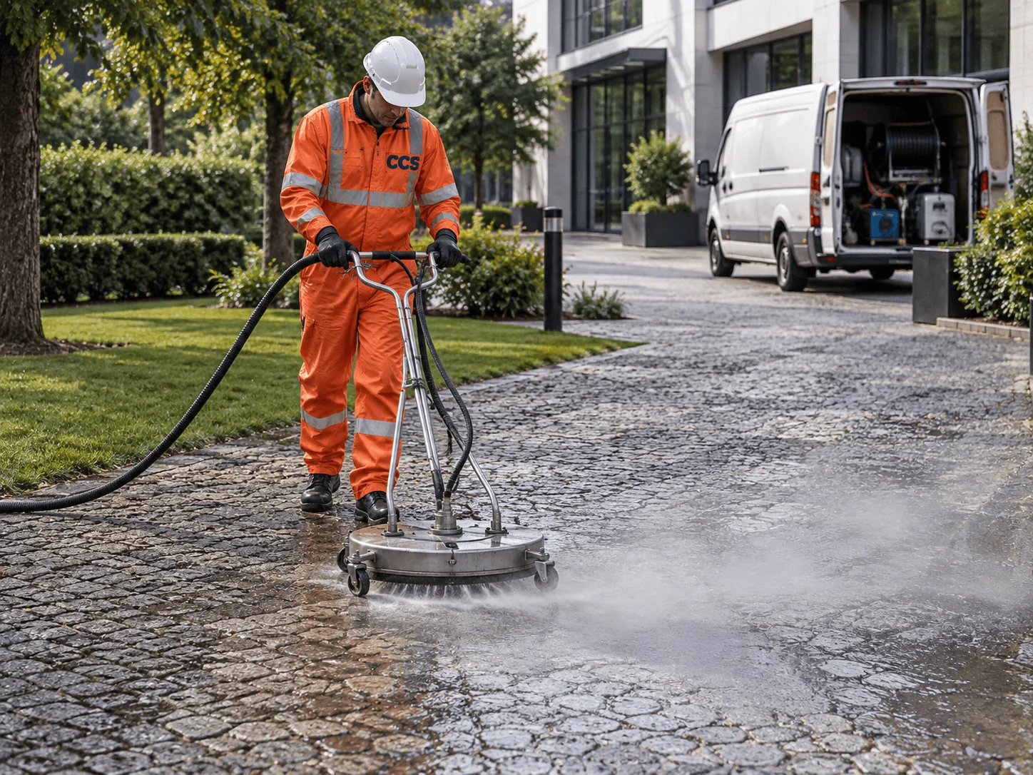 CCS operative pressure cleaning commercial paving outside a business premises