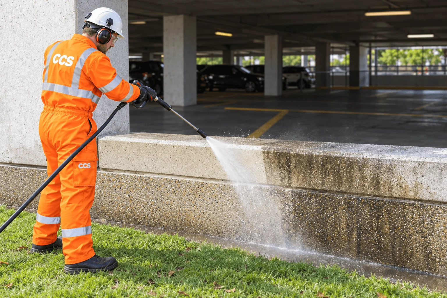 CCS operative pressure cleaning a commercial retaining wall