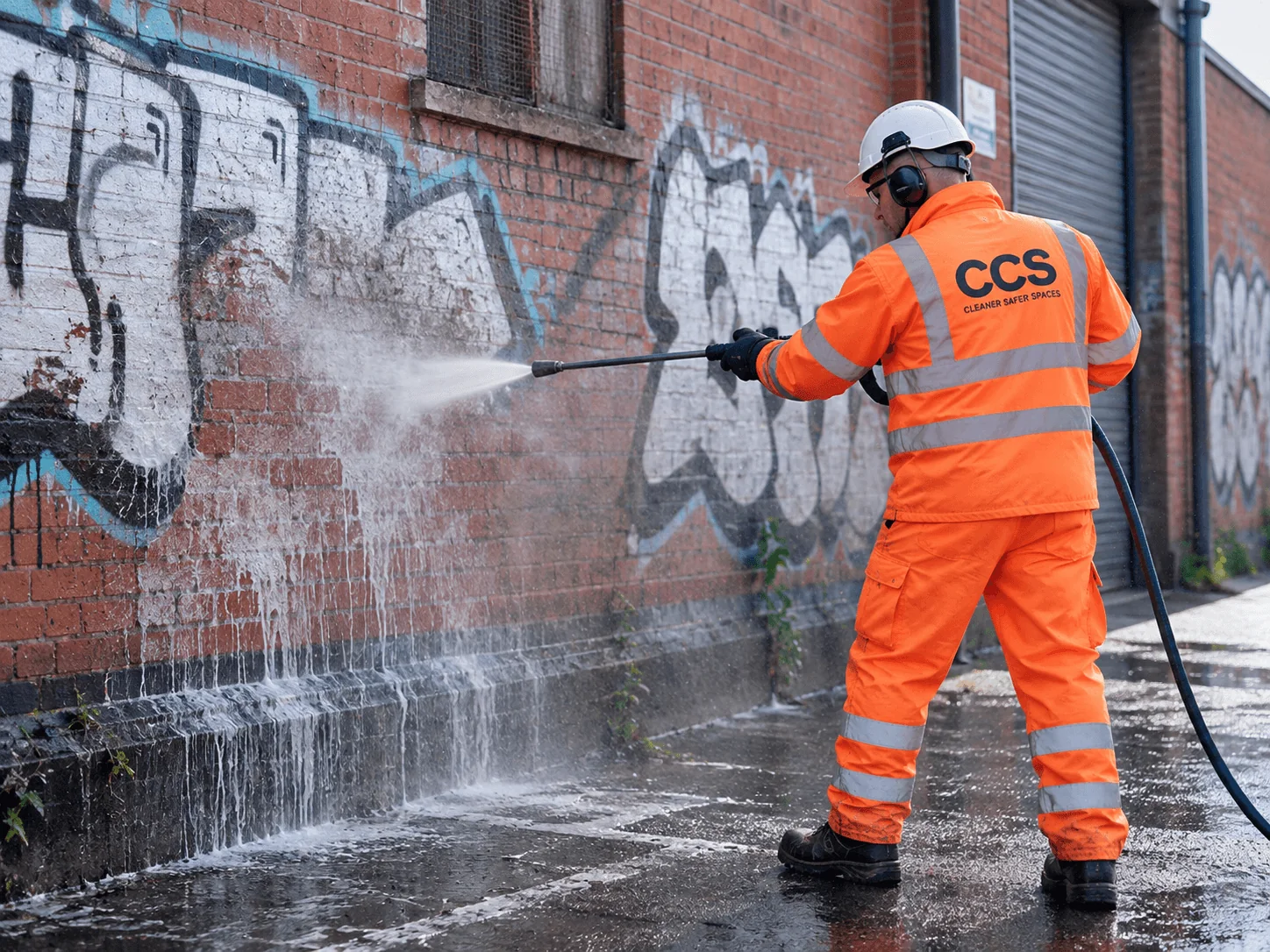 CCS operative carrying out commercial graffiti removal from a brick wall in Norwich