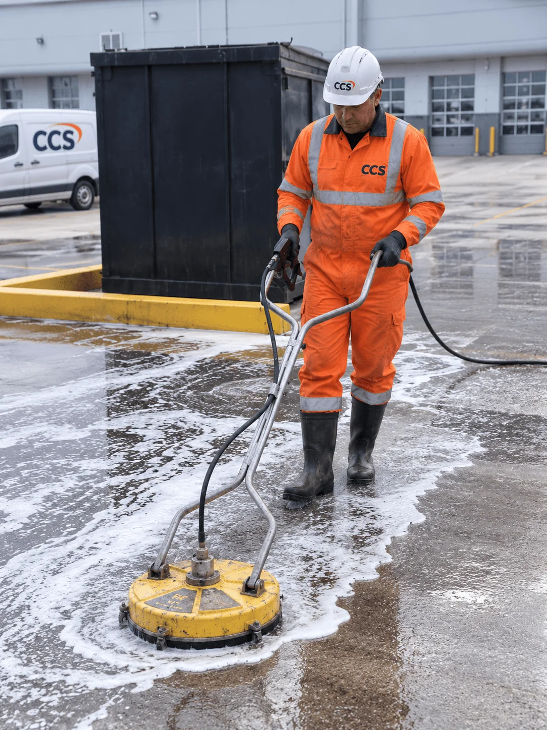 CCS operative using a rotary surface cleaner in an industrial yard